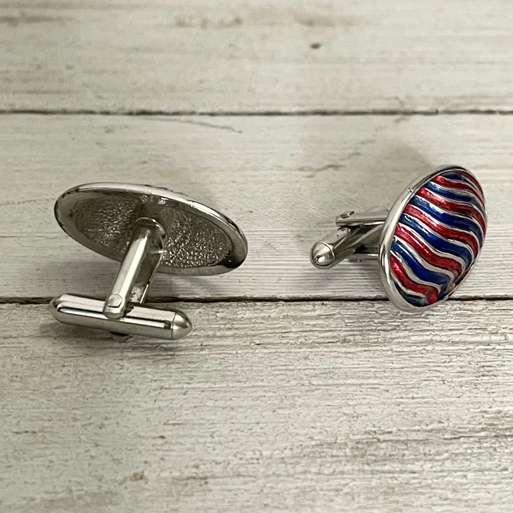 Silver Tone Red and Blue Enamel Wave Oval Cuff Links